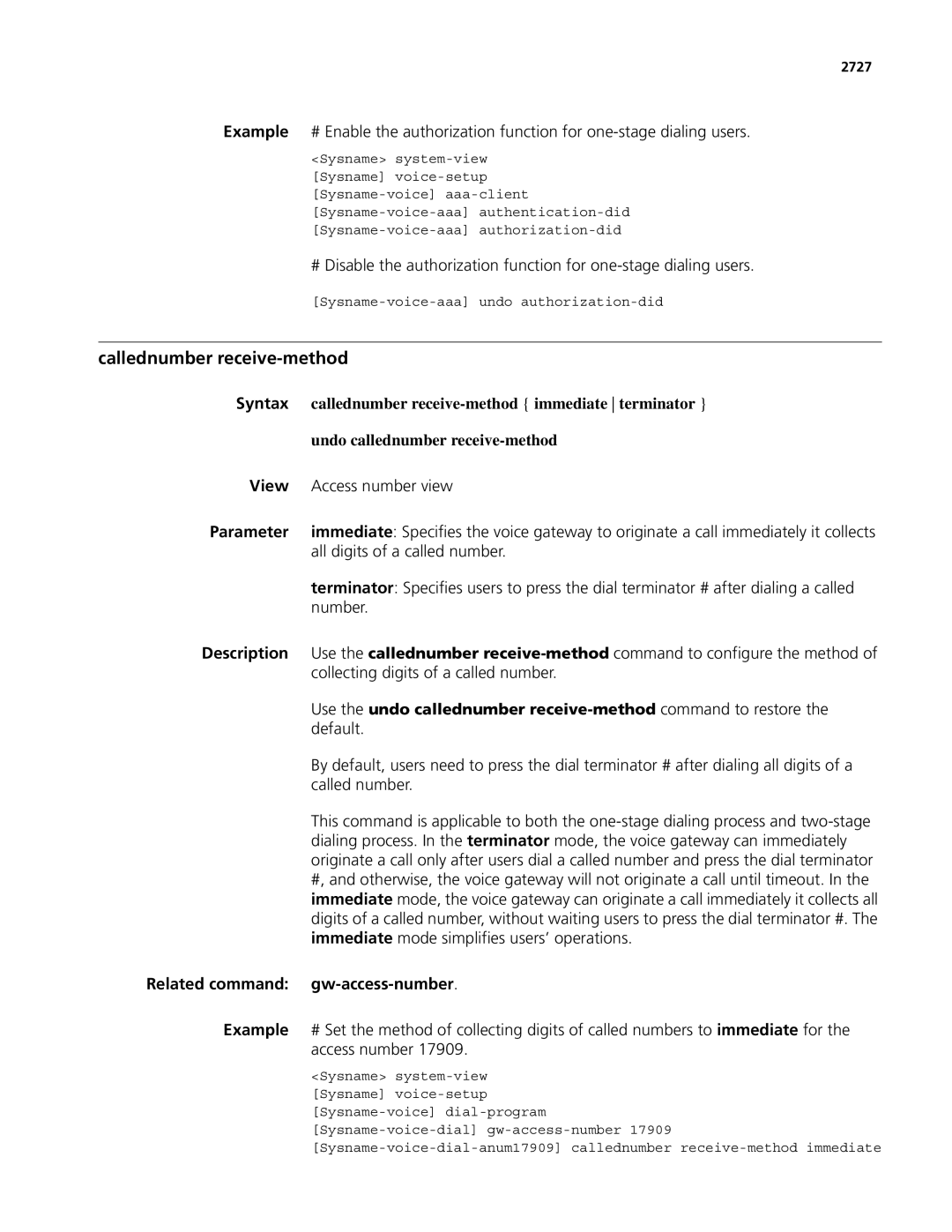 3Com MSR 50, MSR 30 manual Callednumber receive-method, Related command gw-access-number, 2727 