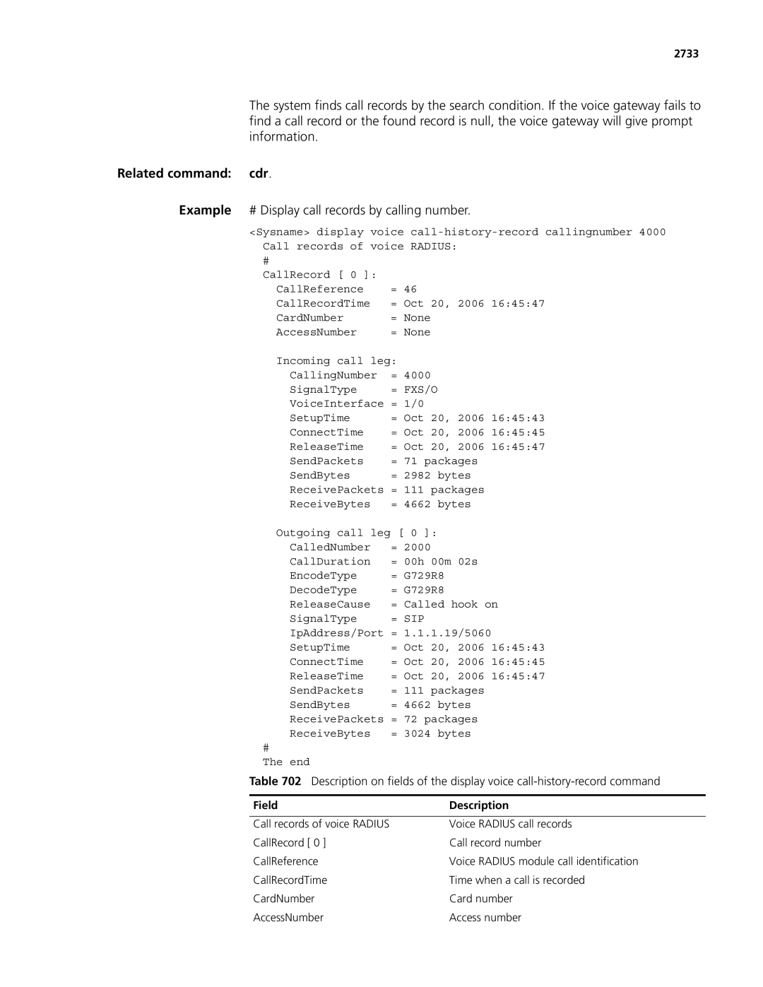 3Com MSR 50, MSR 30 manual Related command cdr, Example # Display call records by calling number, 2733 