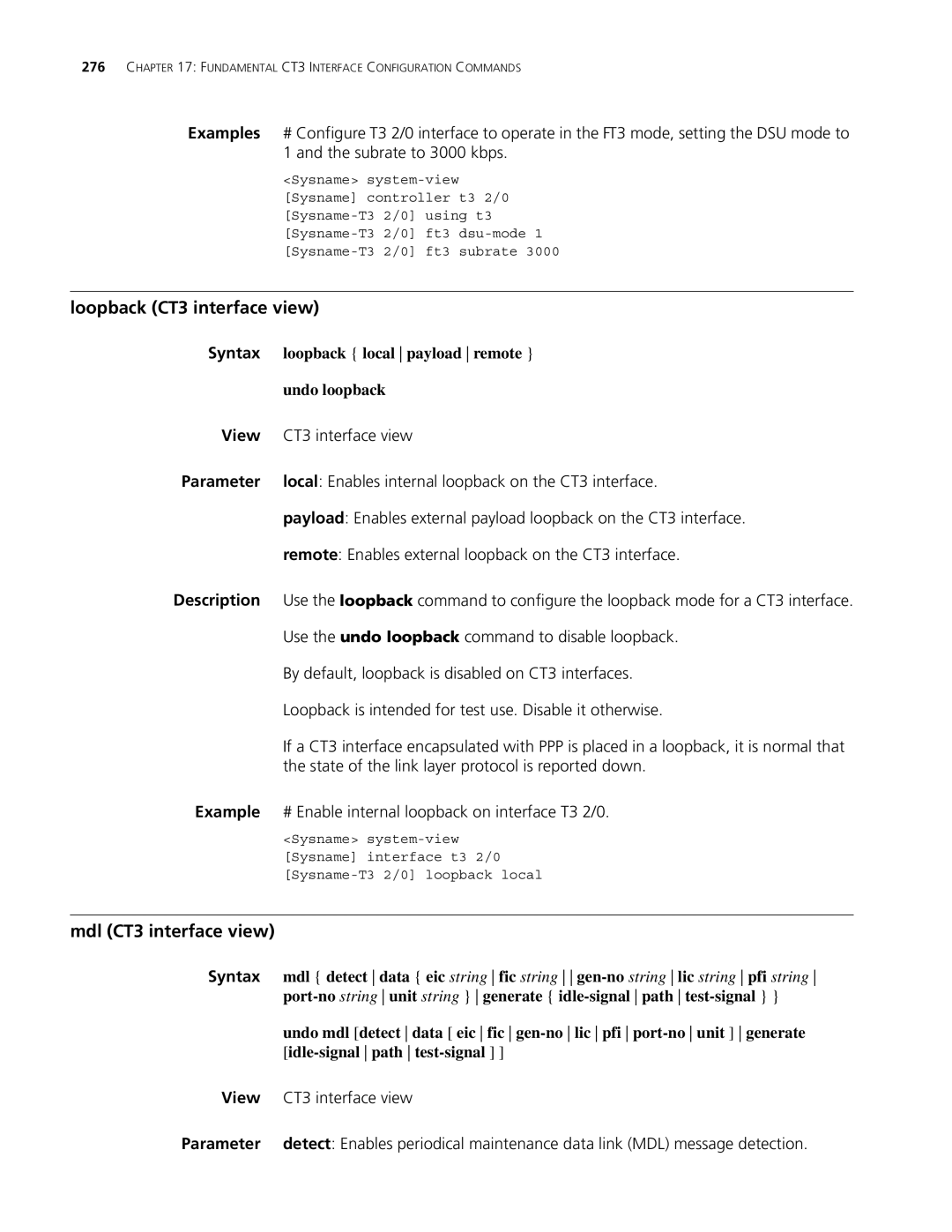 3Com MSR 30, MSR 50 manual Loopback CT3 interface view, Mdl CT3 interface view 