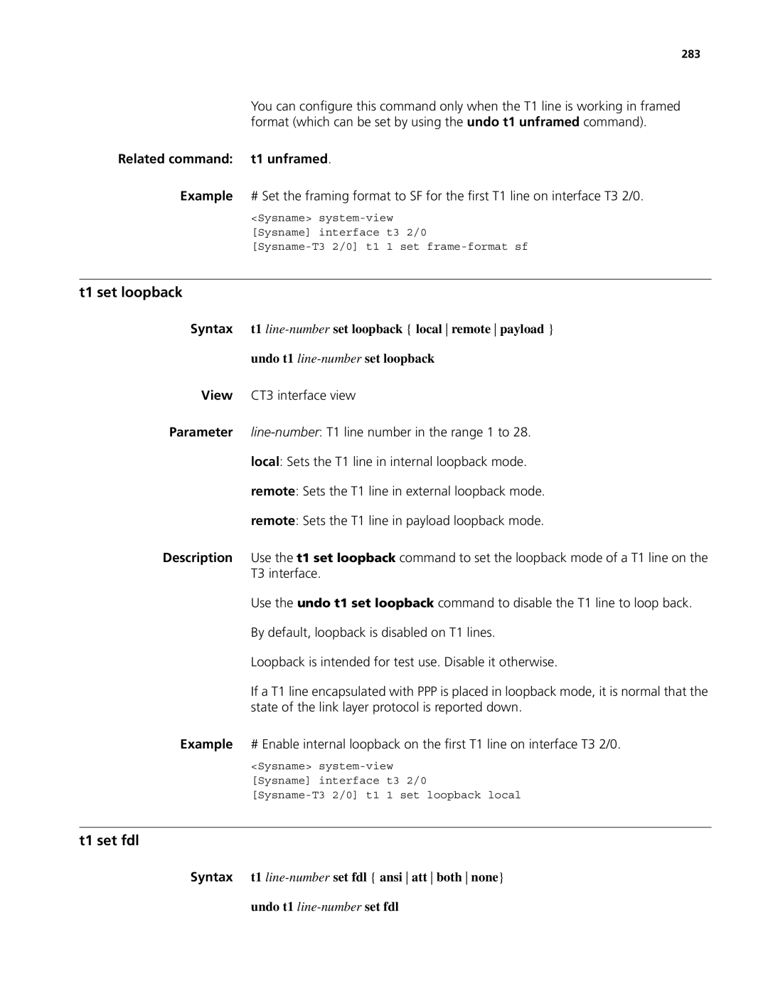3Com MSR 50, MSR 30 manual T1 set loopback, T1 set fdl, View CT3 interface view, 283 