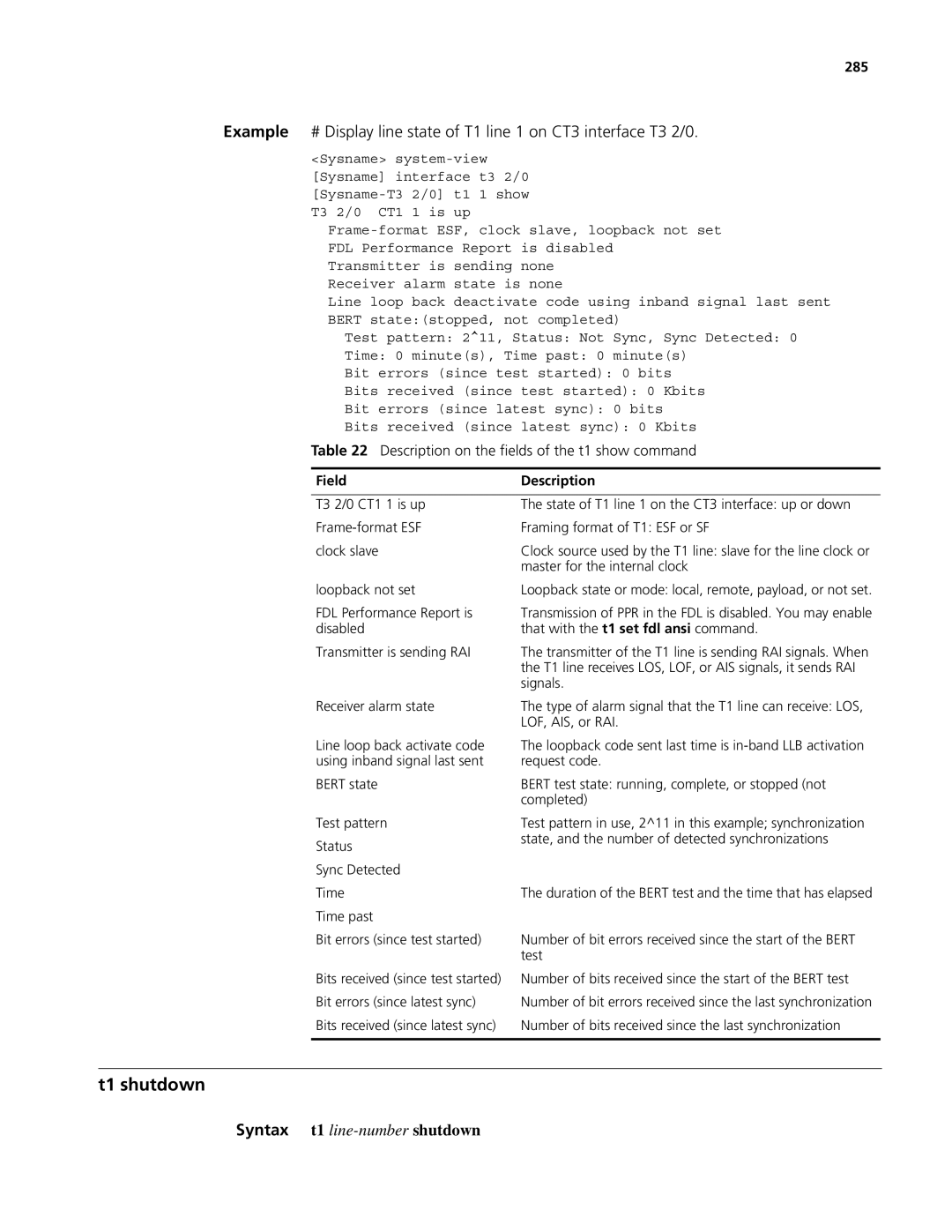 3Com MSR 50, MSR 30 manual T1 shutdown, Description on the fields of the t1 show command, 285 