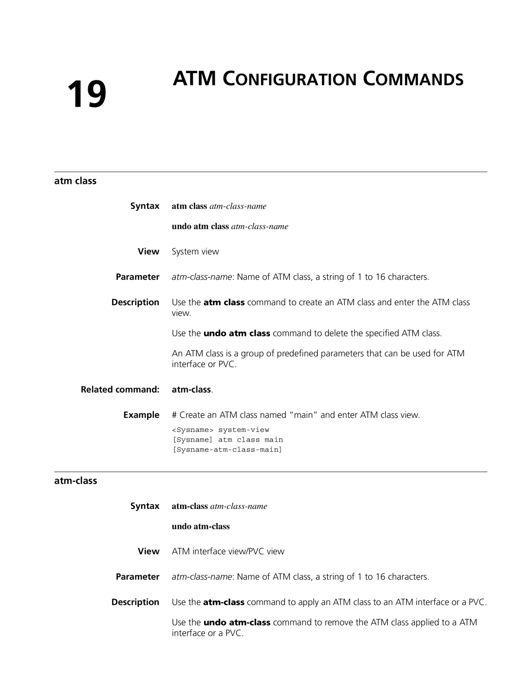 3Com MSR 50, MSR 30 manual ATM Configuration Commands, Atm class, Atm-class, Related command atm-class 