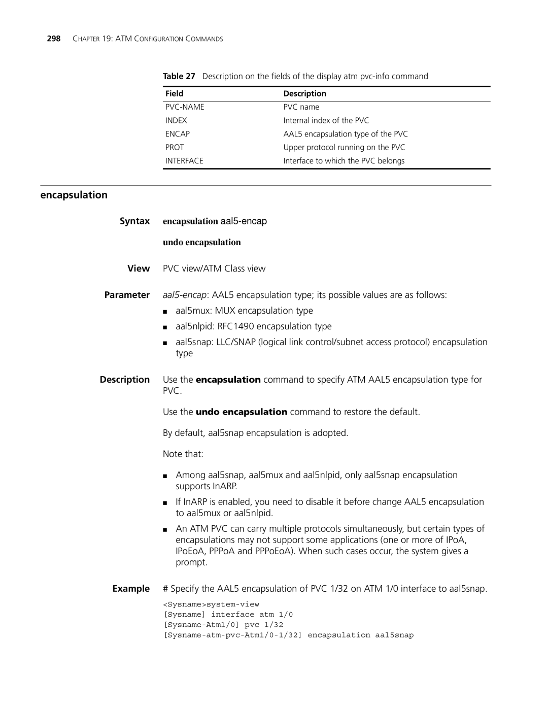 3Com MSR 30, MSR 50 manual Encapsulation, Syntax encapsulation aal5-encap Undo encapsulation, Index 