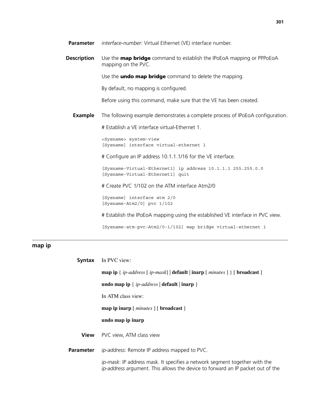 3Com MSR 50, MSR 30 manual Map ip, # Configure an IP address 10.1.1.1/16 for the VE interface, 301 