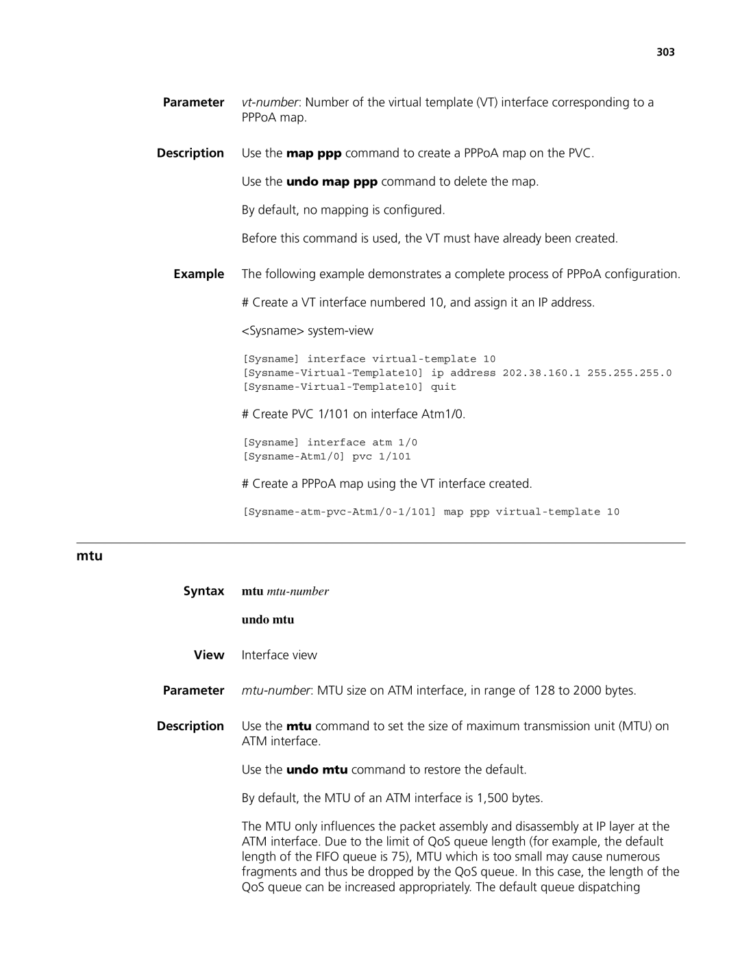 3Com MSR 50, MSR 30 manual # Create PVC 1/101 on interface Atm1/0, # Create a PPPoA map using the VT interface created, 303 