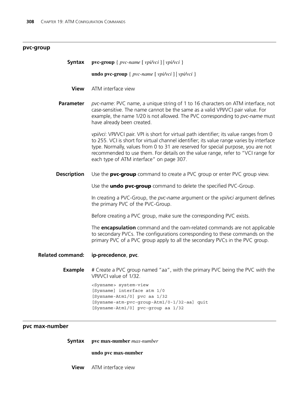3Com MSR 30, MSR 50 manual Pvc-group, Pvc max-number, Related command ip-precedence,pvc, View ATM interface view 