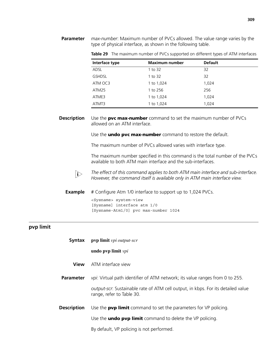 3Com MSR 50, MSR 30 manual Pvp limit, Undo pvp limit vpi 