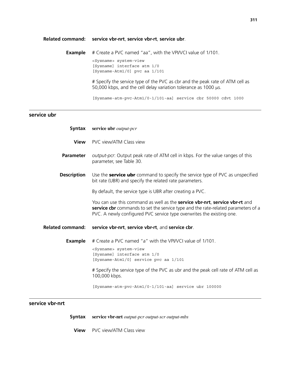 3Com MSR 50, MSR 30 manual Service ubr, Service vbr-nrt, Related command service vbr-nrt,service vbr-rt,service ubr, 311 