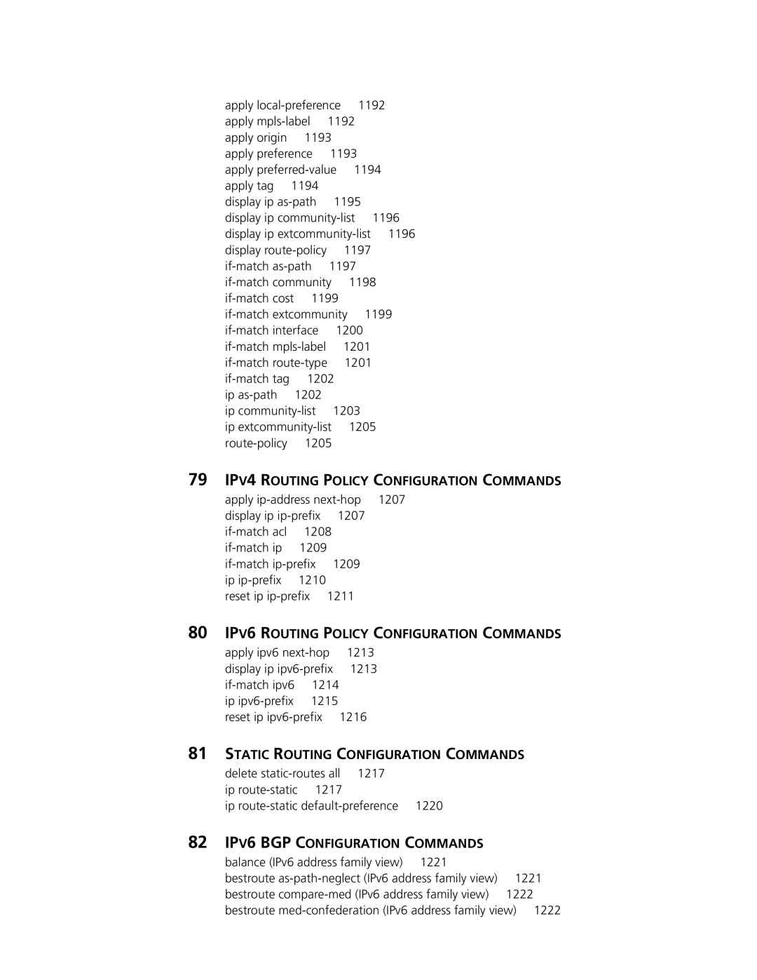 3Com MSR 30, MSR 50 manual 79 IPV4 Routing Policy Configuration Commands, 80 IPV6 Routing Policy Configuration Commands 