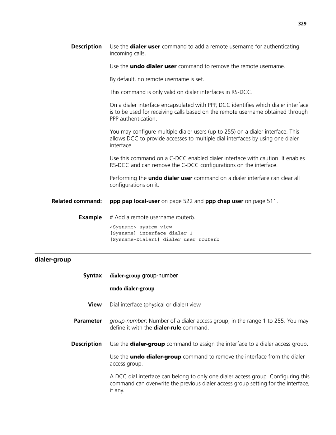 3Com MSR 50 Dialer-group, Example # Add a remote username routerb, Syntax dialer-group group-number Undo dialer-group, 329 