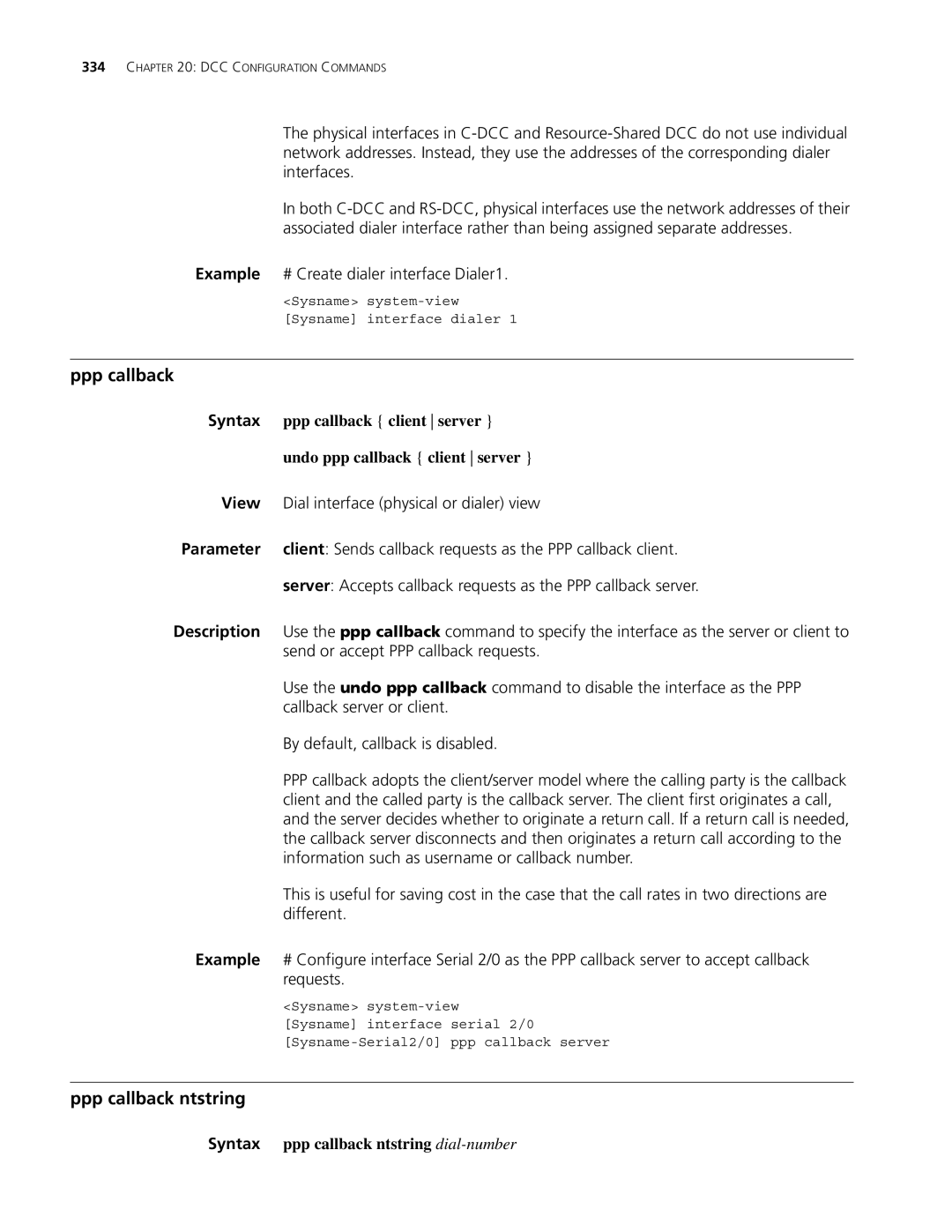 3Com MSR 30, MSR 50 manual Ppp callback ntstring, Ppp callback client server, Undo ppp callback client server 