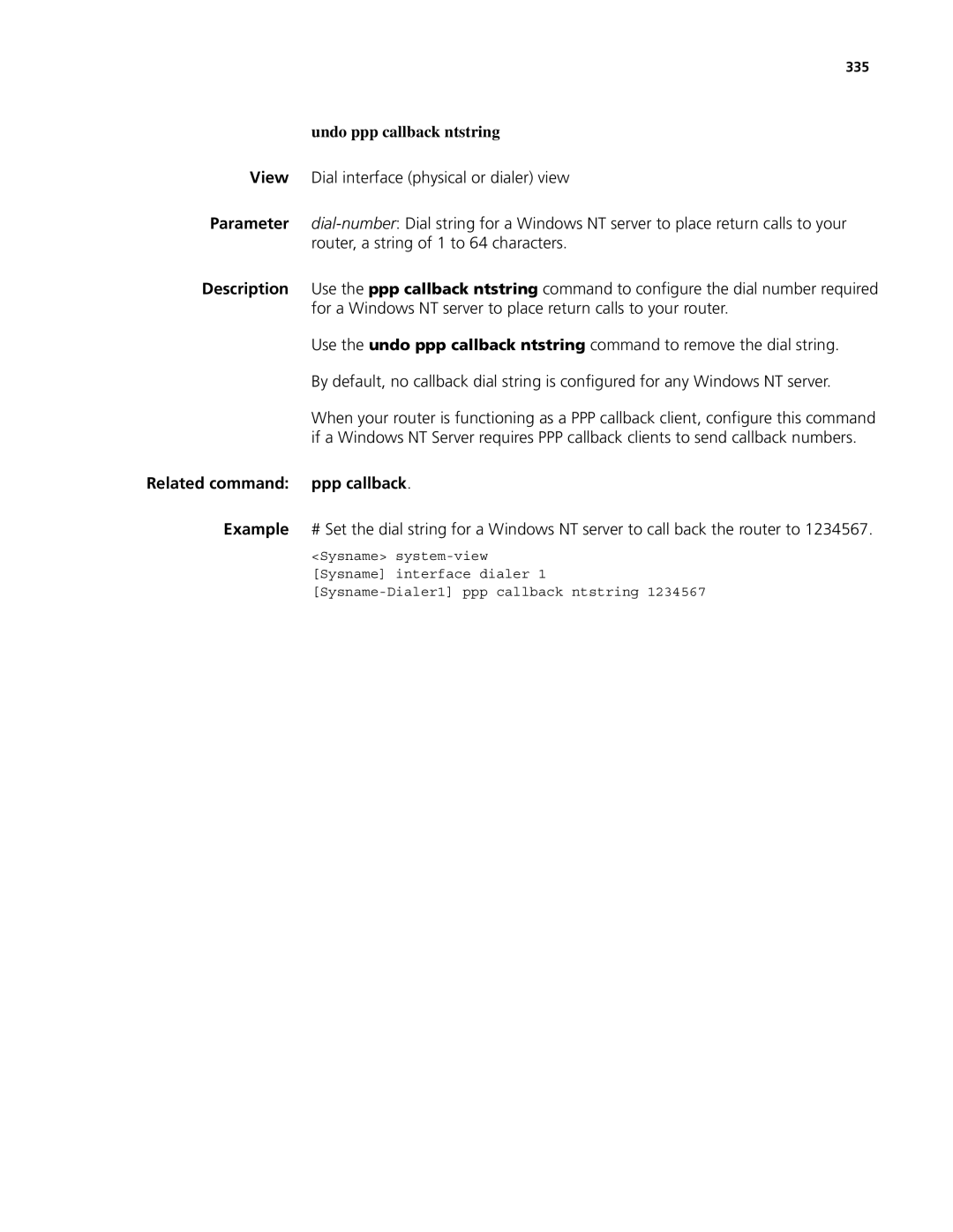 3Com MSR 50, MSR 30 manual Undo ppp callback ntstring, Related command ppp callback, 335 