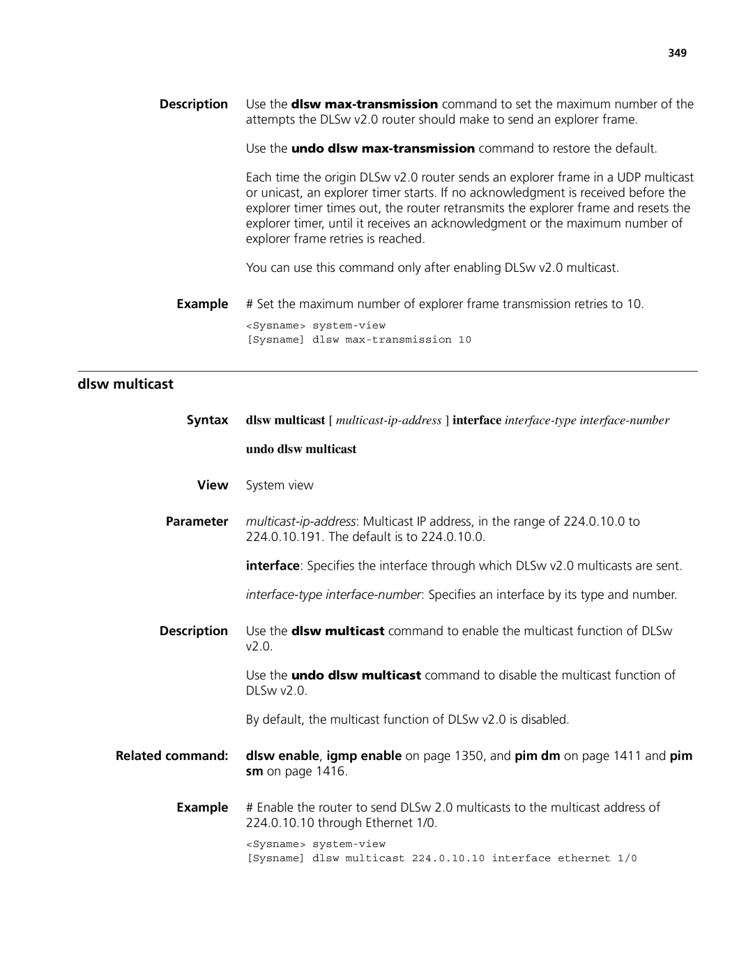 3Com MSR 50, MSR 30 manual Dlsw multicast, Undo dlsw multicast, 349 