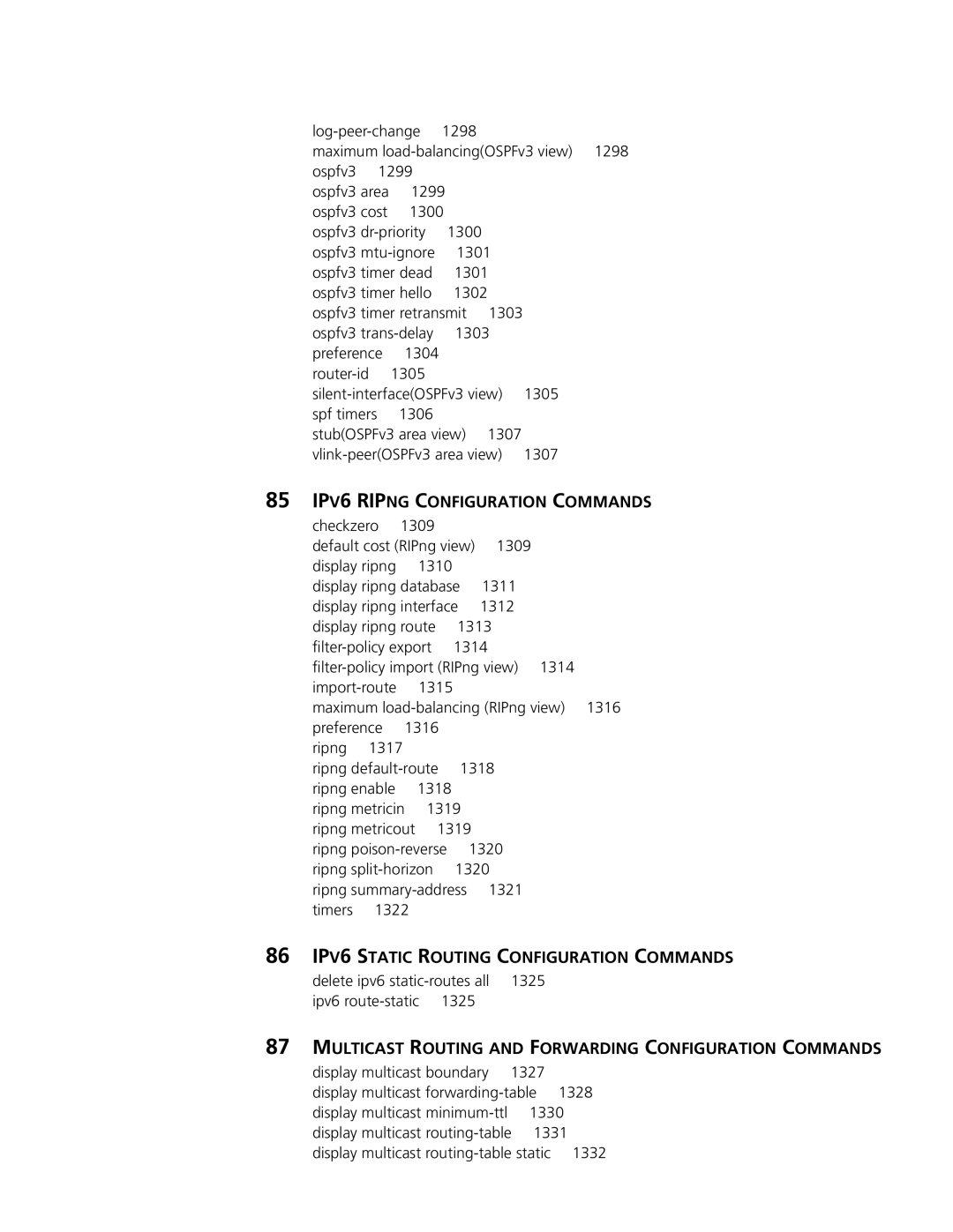 3Com MSR 50, MSR 30 manual 85 IPV6 Ripng Configuration Commands, 86 IPV6 Static Routing Configuration Commands, 1332 