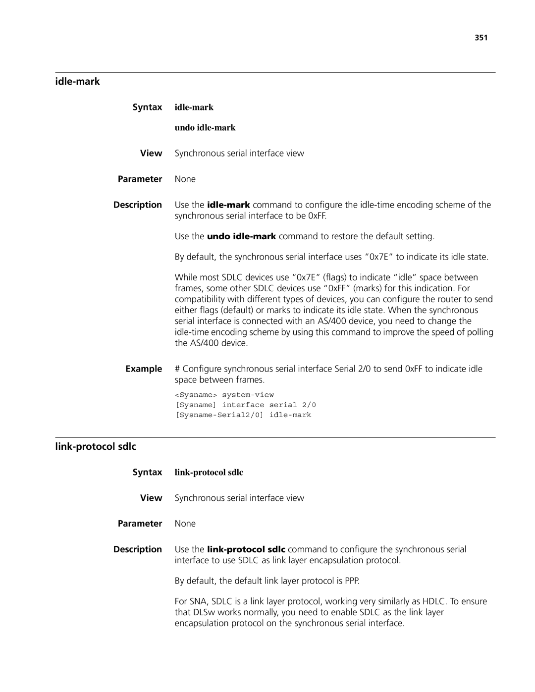 3Com MSR 50, MSR 30 manual Link-protocol sdlc, Syntax link-protocol sdlc, 351 