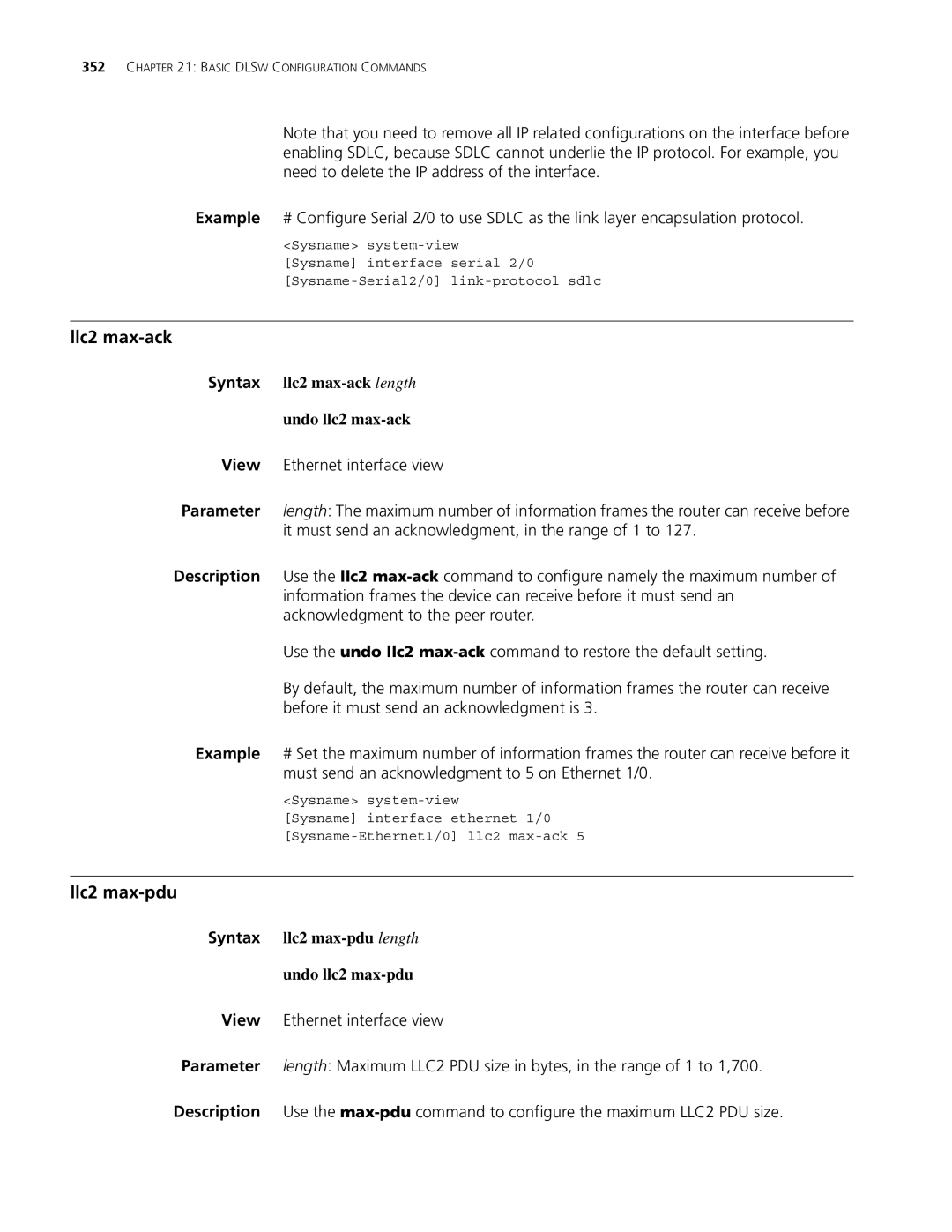 3Com MSR 30, MSR 50 manual Llc2 max-ack, Llc2 max-pdu, Syntax llc2 max-ack length Undo llc2 max-ack 