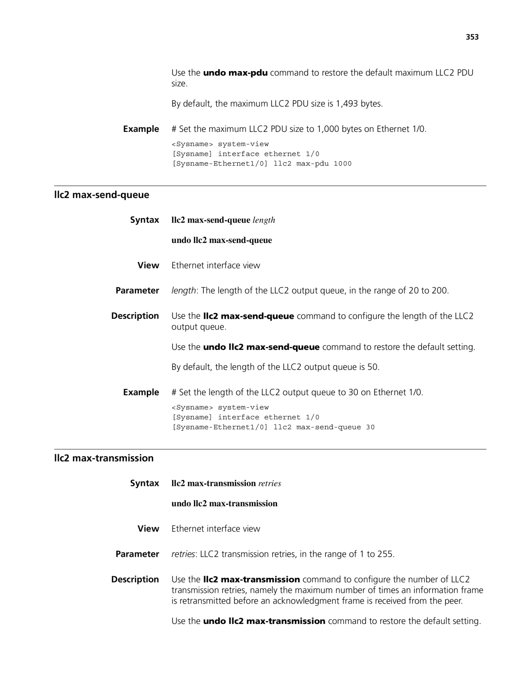 3Com MSR 50 Llc2 max-send-queue, Llc2 max-transmission, Syntax llc2 max-send-queue length Undo llc2 max-send-queue, 353 