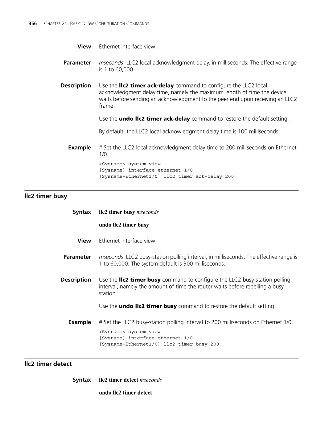 3Com MSR 30, MSR 50 manual Llc2 timer busy, Llc2 timer detect, Syntax llc2 timer busy mseconds Undo llc2 timer busy 