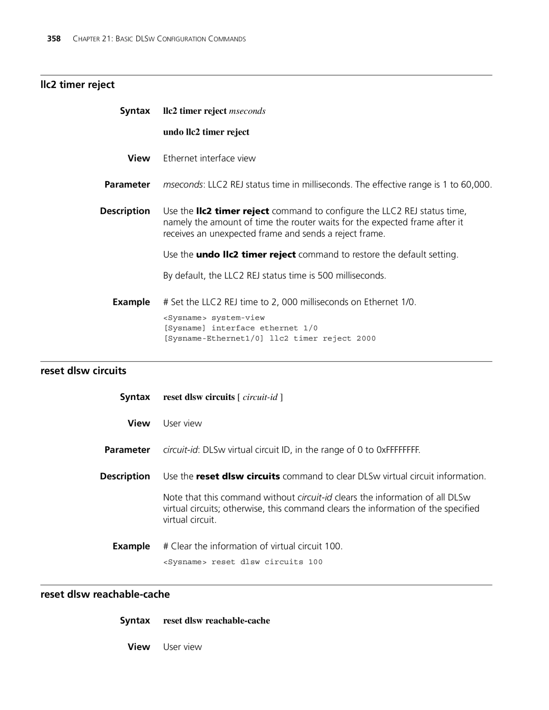 3Com MSR 30, MSR 50 manual Llc2 timer reject, Reset dlsw circuits, Reset dlsw reachable-cache 