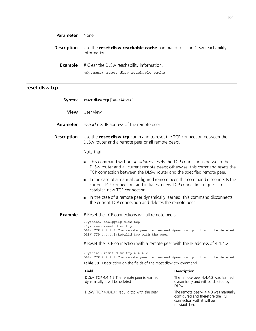 3Com MSR 50 Reset dlsw tcp, Syntax reset dlsw tcp ip-address, Description on the fields of the reset dlsw tcp command, 359 