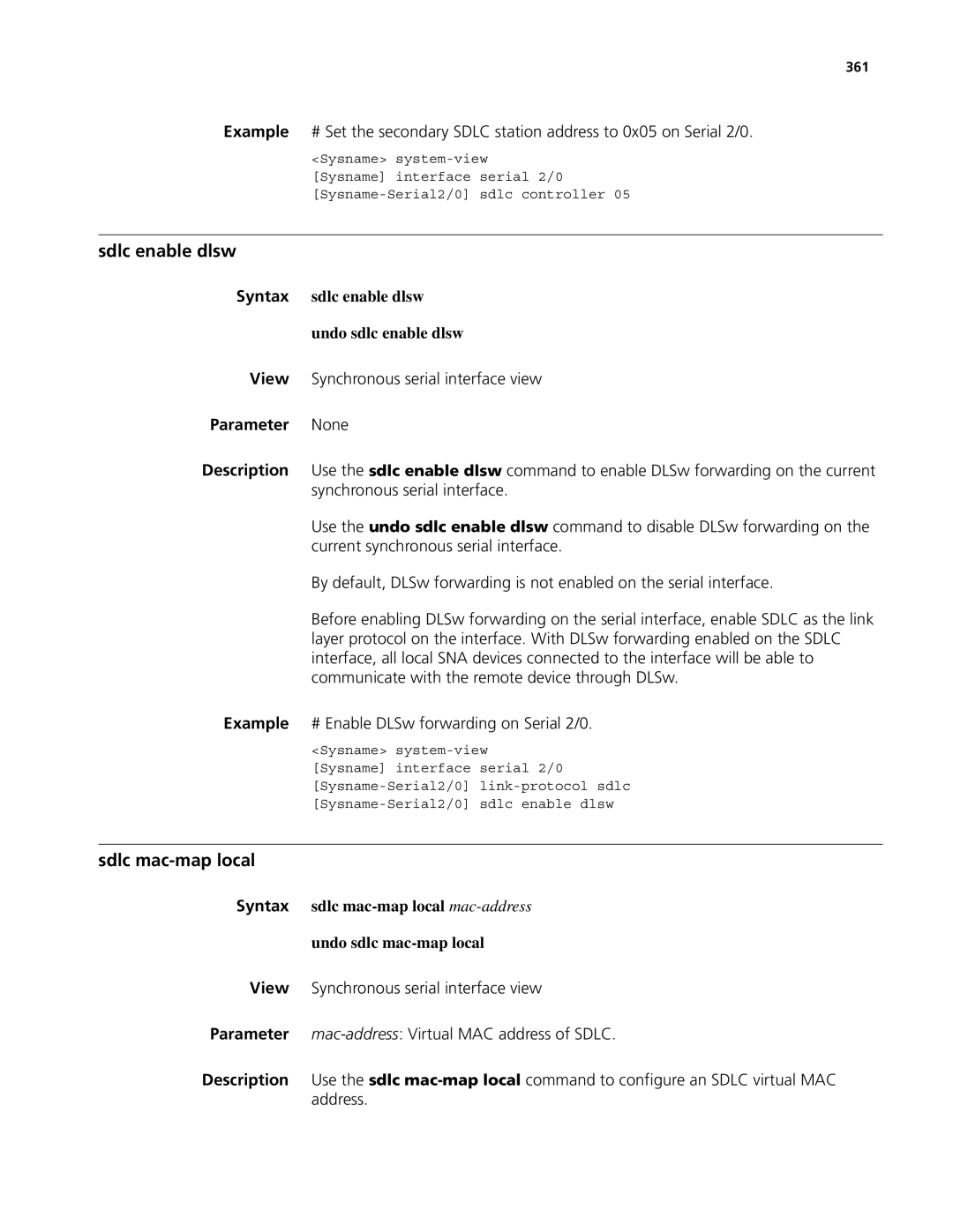 3Com MSR 50, MSR 30 manual Sdlc enable dlsw, Sdlc mac-map local, Syntax sdlc enable dlsw Undo sdlc enable dlsw, 361 