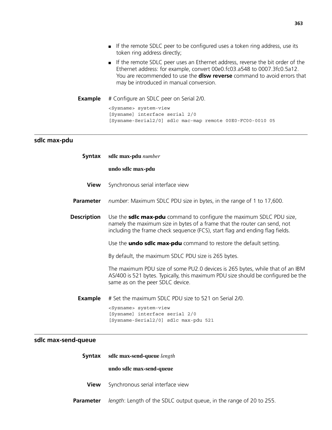 3Com MSR 50, MSR 30 manual Sdlc max-pdu, Sdlc max-send-queue, Syntax sdlc max-pdu number Undo sdlc max-pdu, 363 