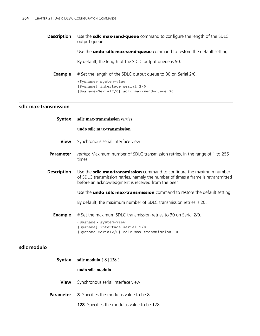 3Com MSR 30 Sdlc max-transmission, Sdlc modulo, View Synchronous serial interface view, Specifies the modulus value to be 