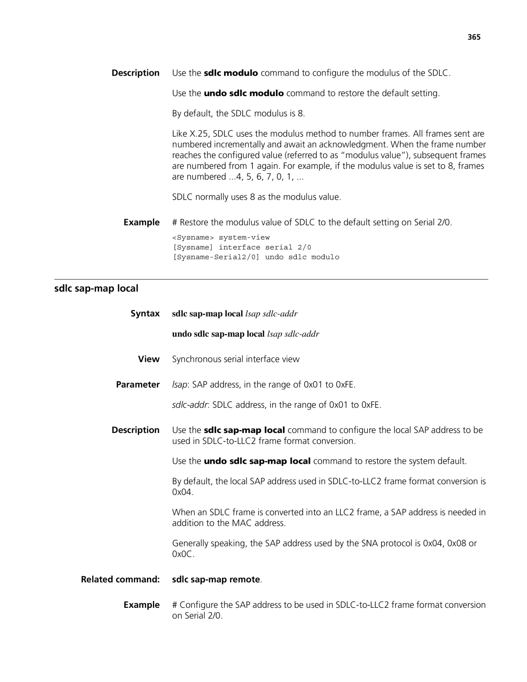 3Com MSR 50, MSR 30 manual Sdlc sap-map local, Related command sdlc sap-map remote, 365 