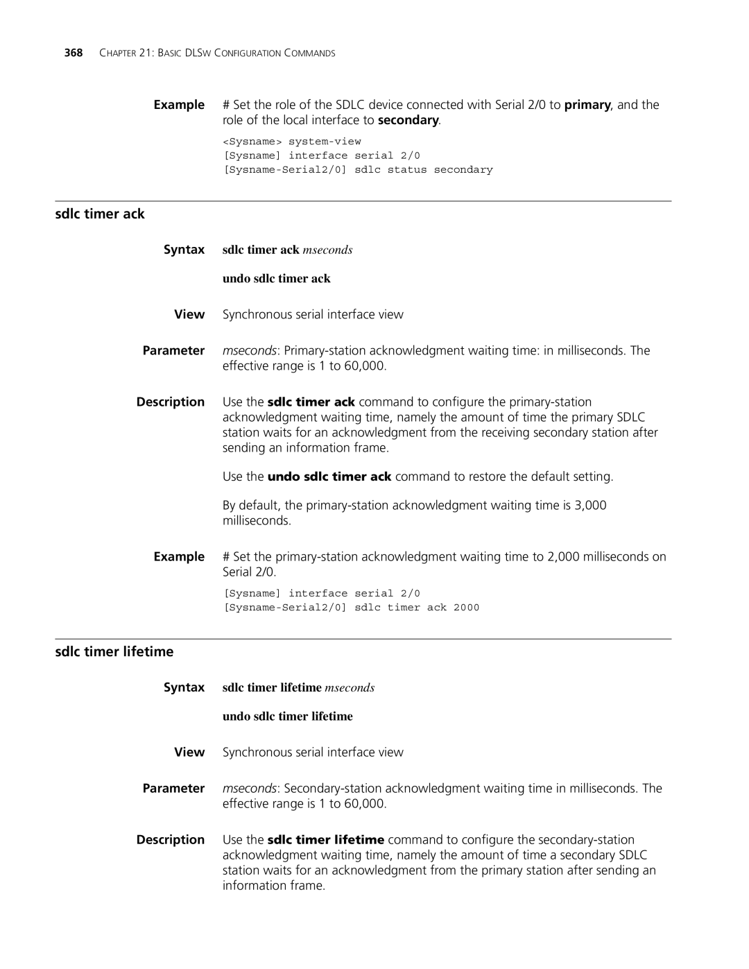 3Com MSR 30, MSR 50 manual Sdlc timer ack, Sdlc timer lifetime, Syntax sdlc timer ack mseconds Undo sdlc timer ack 
