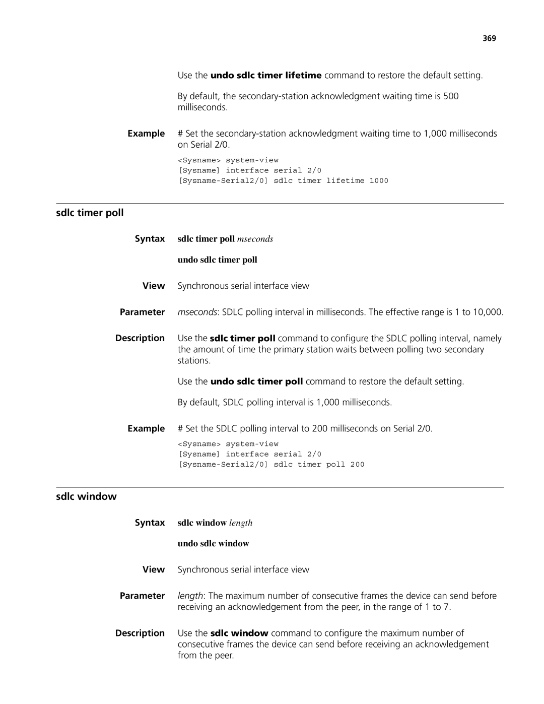 3Com MSR 50, MSR 30 manual Sdlc timer poll, Sdlc window, Syntax sdlc timer poll mseconds Undo sdlc timer poll, 369 