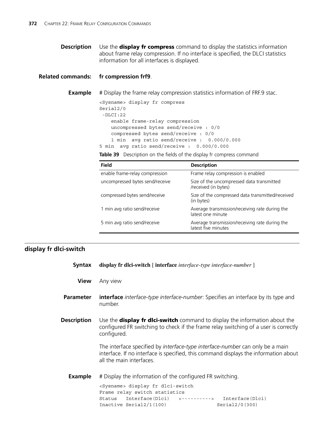 3Com MSR 30, MSR 50 manual Display fr dlci-switch, Related commands fr compression frf9 