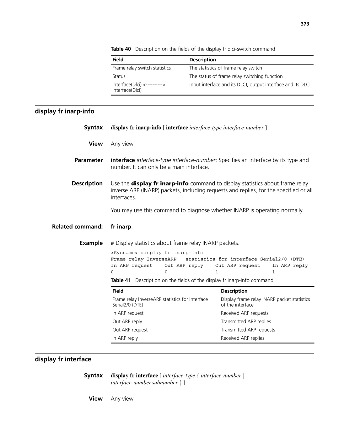 3Com MSR 50, MSR 30 manual Display fr inarp-info, Display fr interface, Related command fr inarp Example, 373 