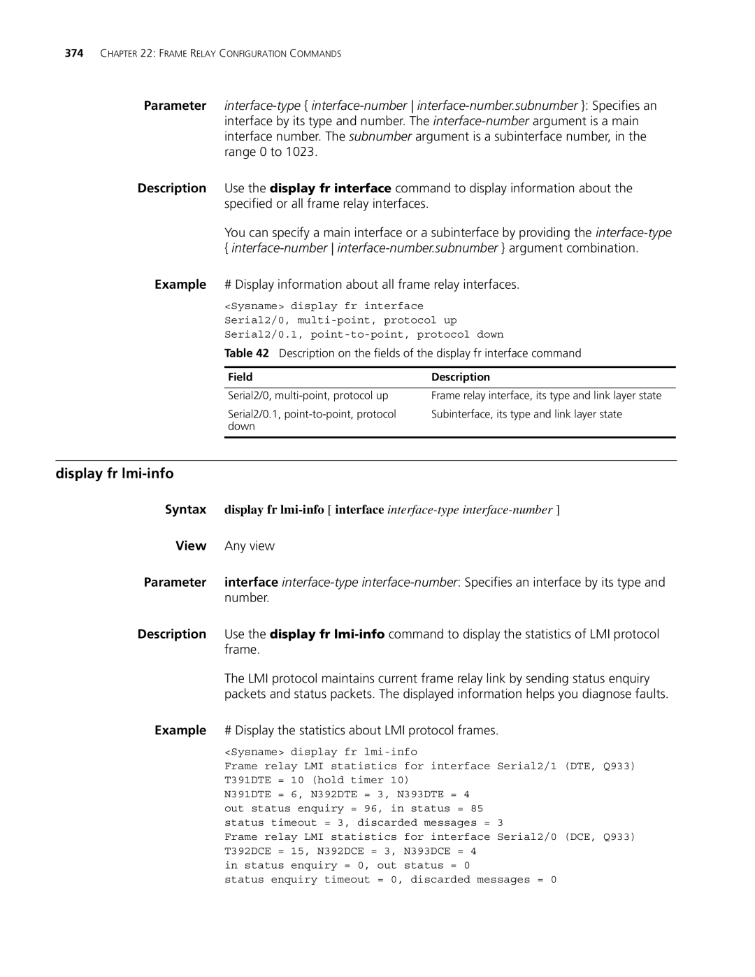 3Com MSR 30, MSR 50 manual Display fr lmi-info, Range 0 to, # Display information about all frame relay interfaces, Frame 