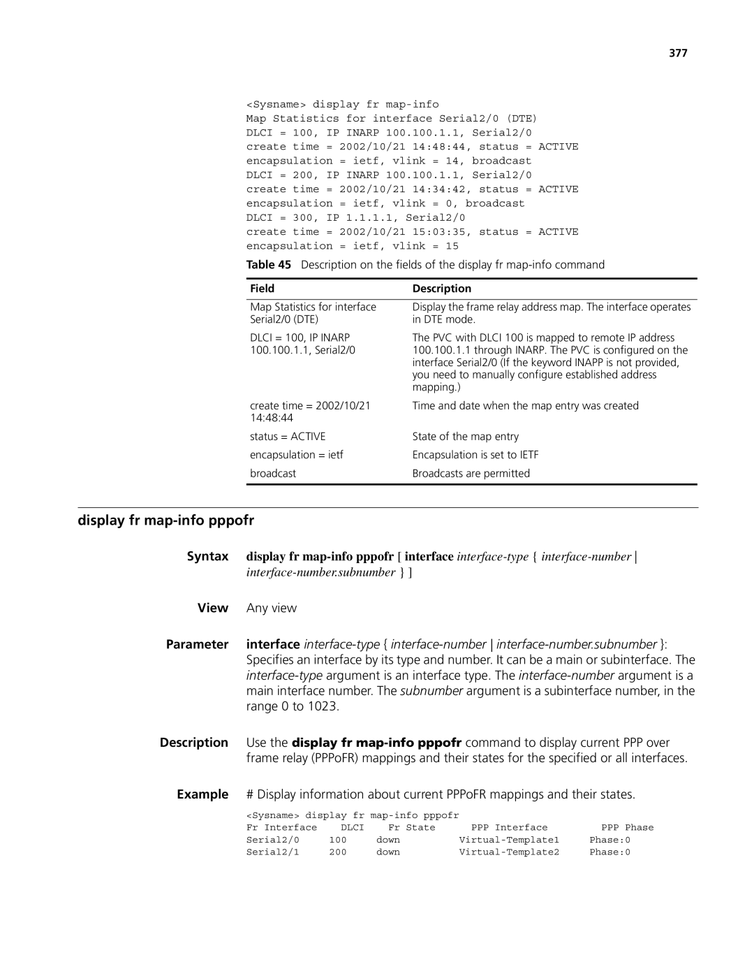 3Com MSR 50, MSR 30 manual Display fr map-info pppofr, 377, Dlci = 100, IP Inarp 