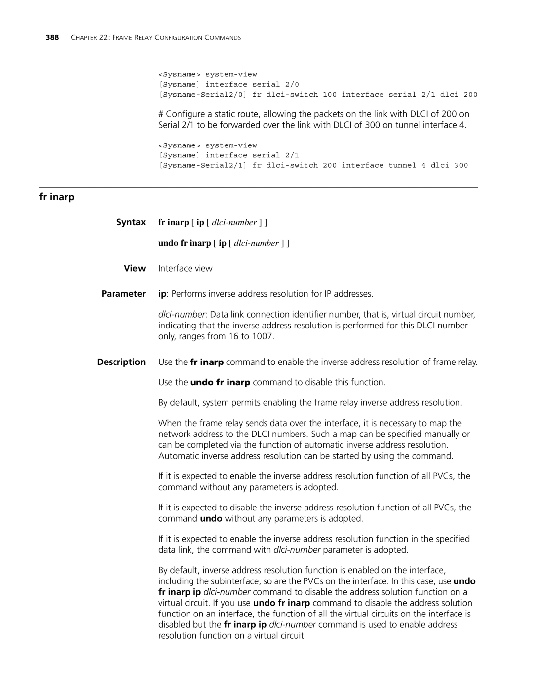 3Com MSR 30, MSR 50 manual Fr inarp, Syntax fr inarp ip dlci-number Undo fr inarp ip dlci-number 