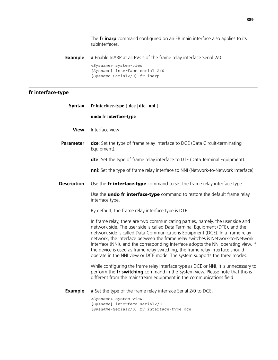 3Com MSR 50, MSR 30 manual Fr interface-type, Syntax fr interface-type dce dte nni Undo fr interface-type, 389 