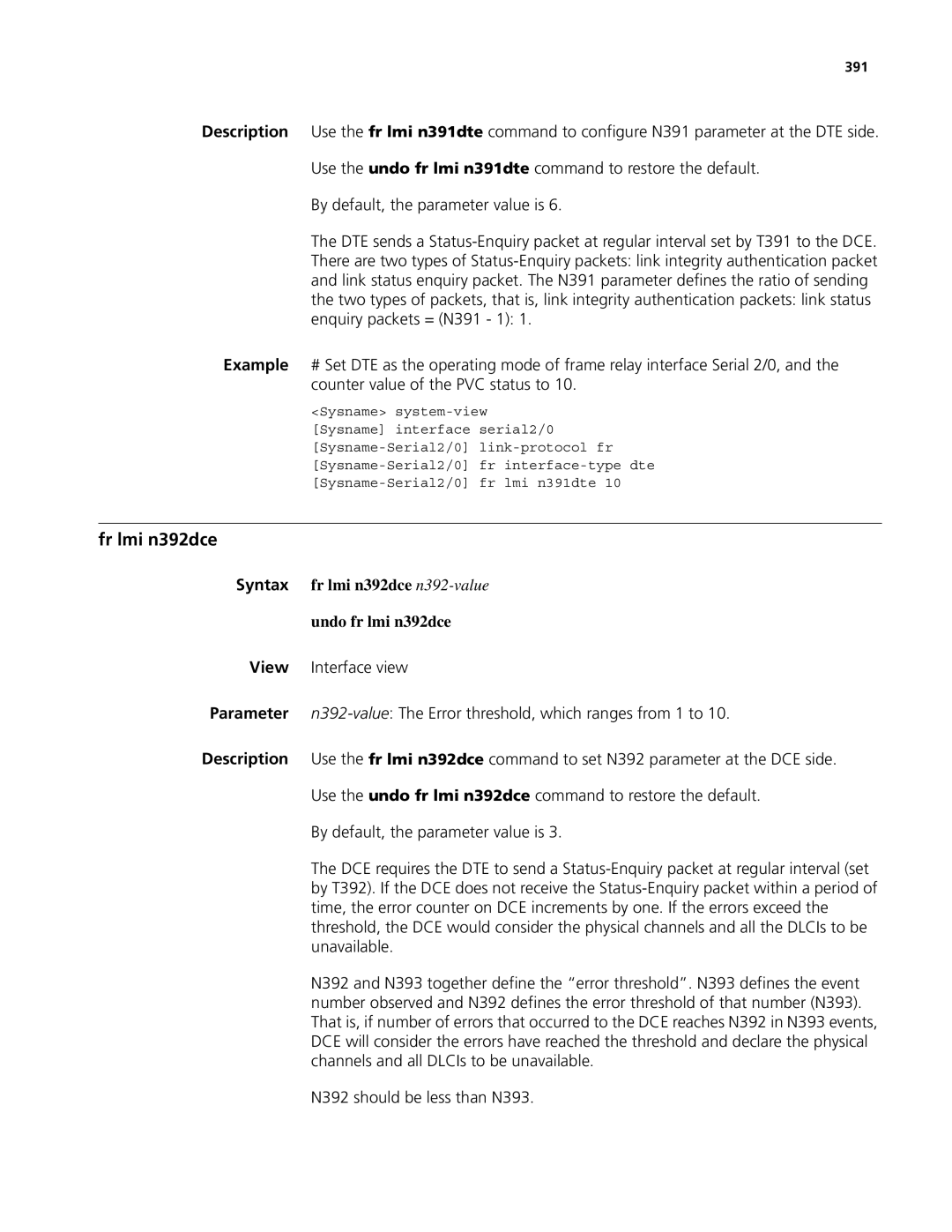 3Com MSR 50, MSR 30 manual Fr lmi n392dce, Syntax fr lmi n392dce n392-value Undo fr lmi n392dce, 391 