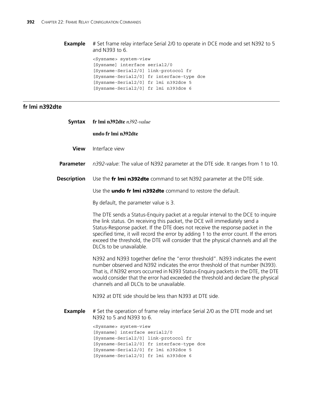 3Com MSR 30, MSR 50 manual Fr lmi n392dte, Syntax fr lmi n392dte n392-value Undo fr lmi n392dte 