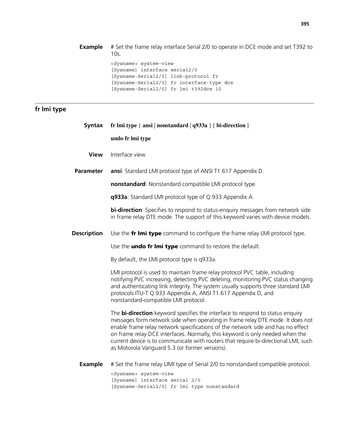 3Com MSR 50, MSR 30 manual Fr lmi type ansi nonstandard q933a bi-direction, Undo fr lmi type 