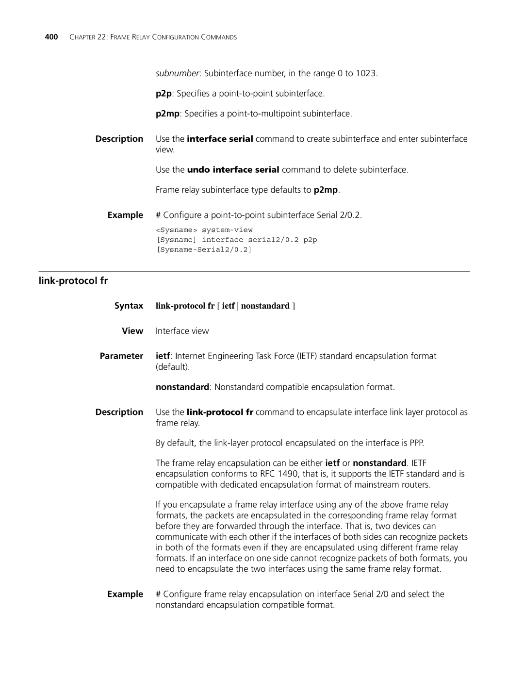 3Com MSR 30, MSR 50 manual Link-protocol fr ietf nonstandard 