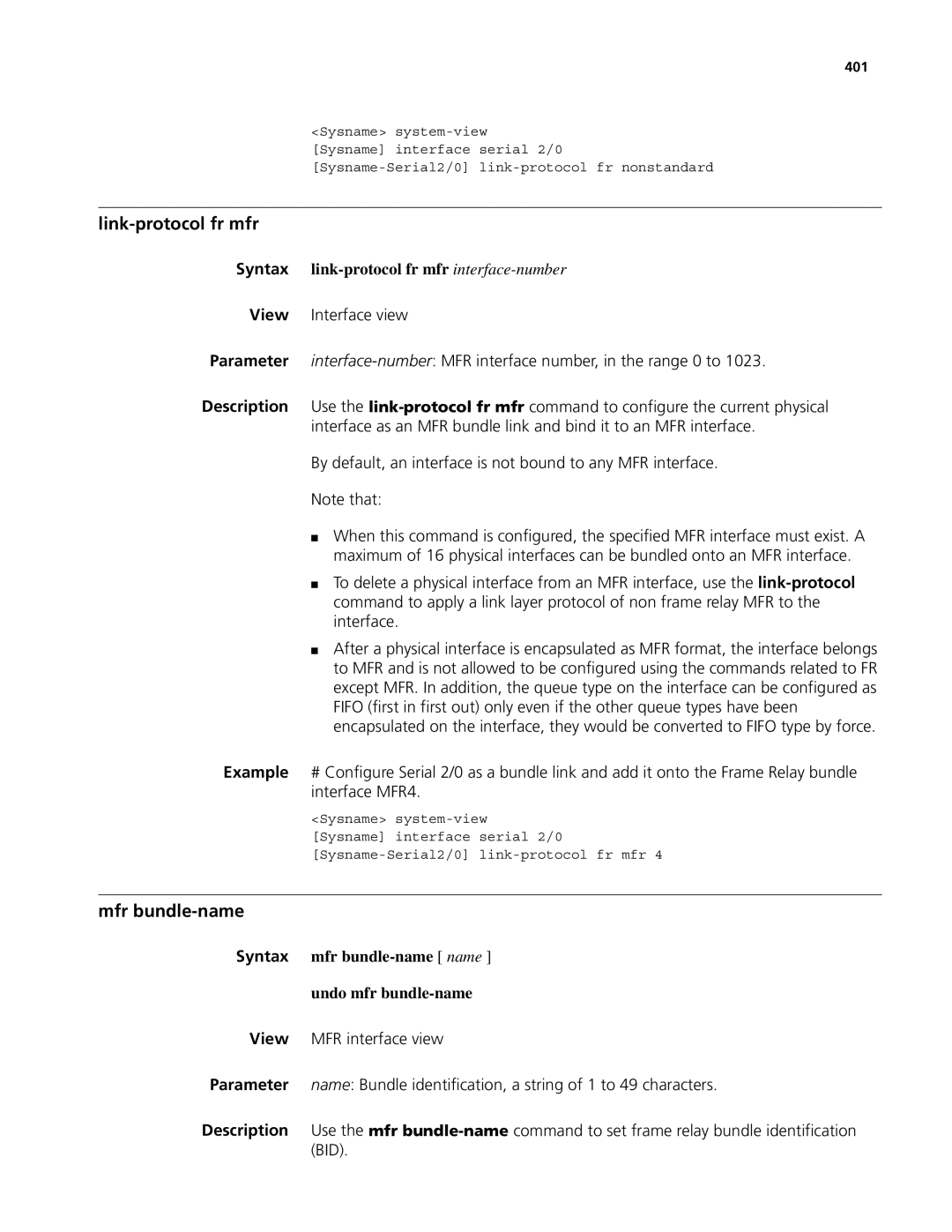 3Com MSR 50, MSR 30 manual Link-protocol fr mfr, Mfr bundle-name, Syntax link-protocol fr mfr interface-number, 401 