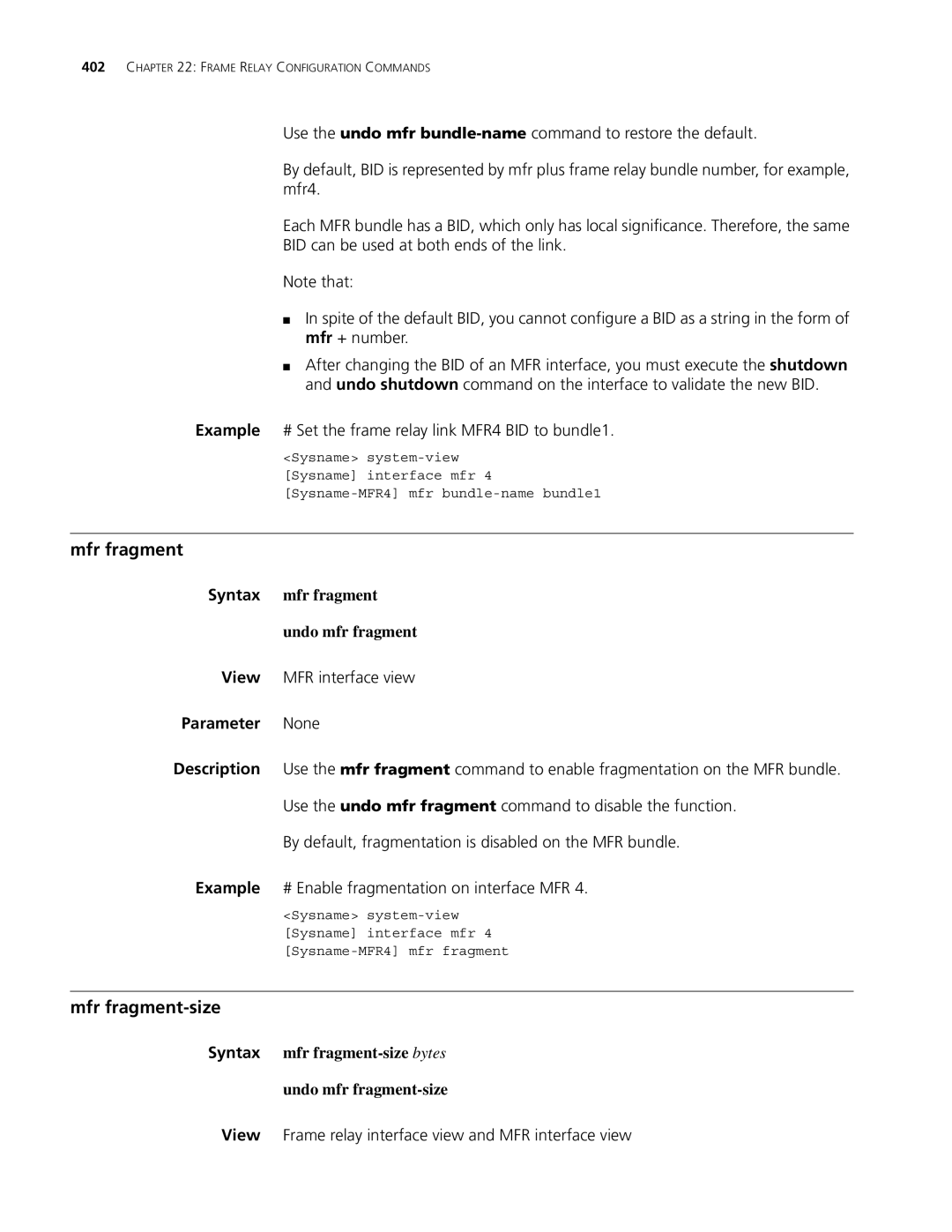 3Com MSR 30, MSR 50 manual Mfr fragment-size, Syntax mfr fragment Undo mfr fragment 