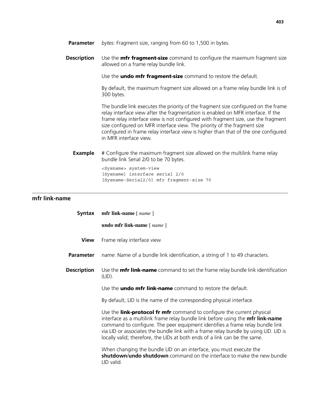 3Com MSR 50, MSR 30 manual Mfr link-name, Syntax mfr link-name name Undo mfr link-name name, 403 