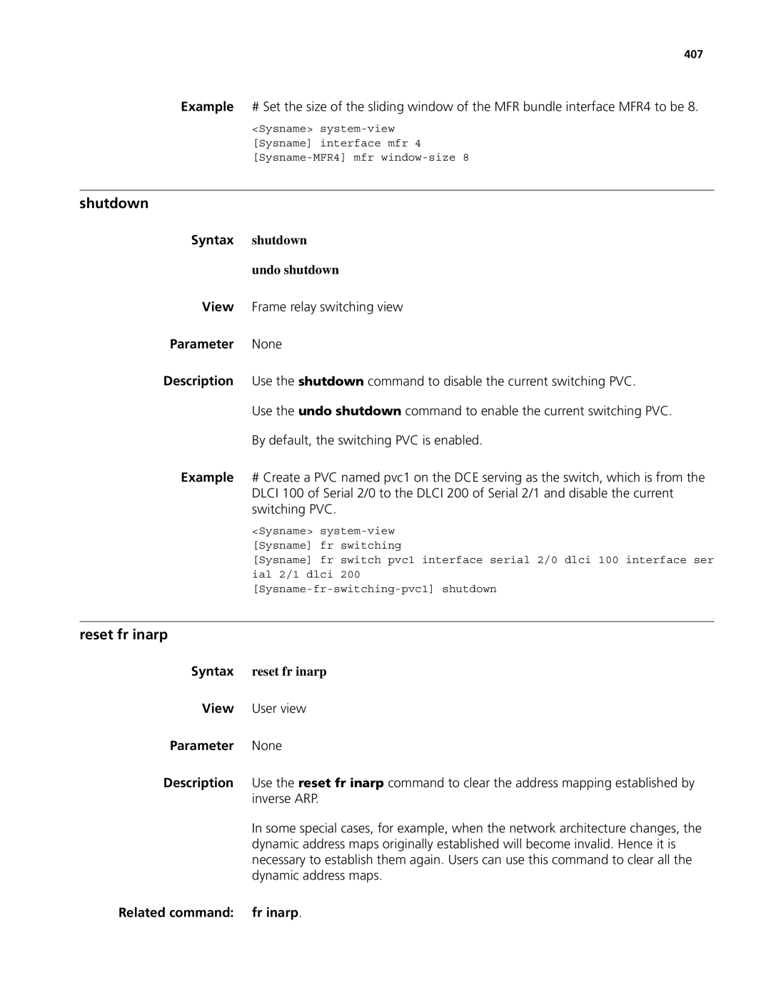 3Com MSR 50, MSR 30 Reset fr inarp, View Frame relay switching view, Syntax reset fr inarp, Related command fr inarp, 407 