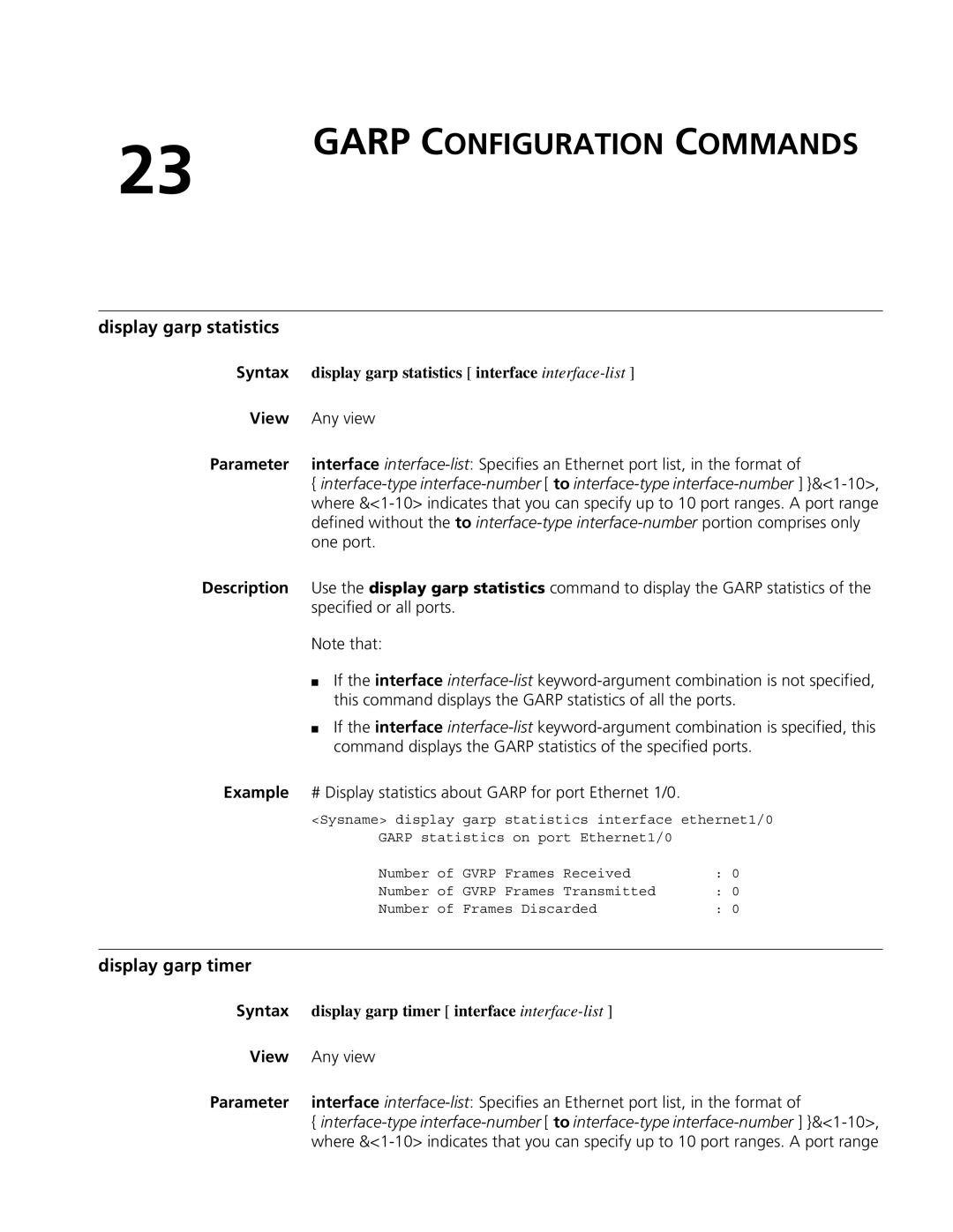 3Com MSR 50, MSR 30 manual Garp Configuration Commands, Display garp statistics, Display garp timer 