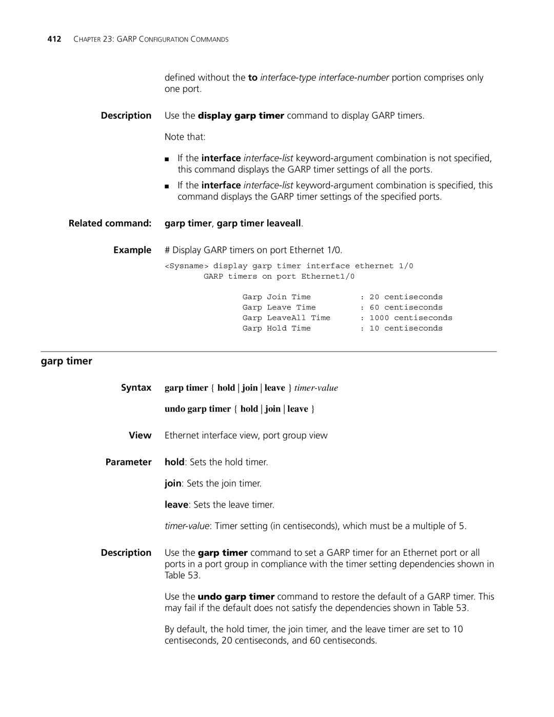 3Com MSR 30 Garp timer, Related command garp timer, garp timer leaveall, View Ethernet interface view, port group view 