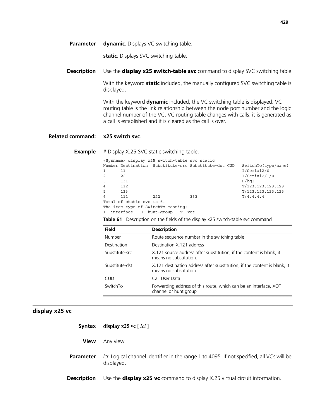 3Com MSR 50, MSR 30 Display x25 vc, Related command x25 switch svc, Example # Display X.25 SVC static switching table, 429 