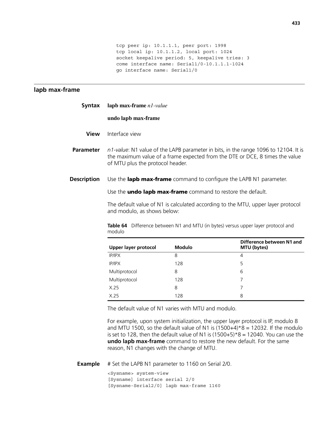 3Com MSR 50, MSR 30 manual Lapb max-frame, Syntax lapb max-frame n1-value Undo lapb max-frame, 433, Difference between N1 