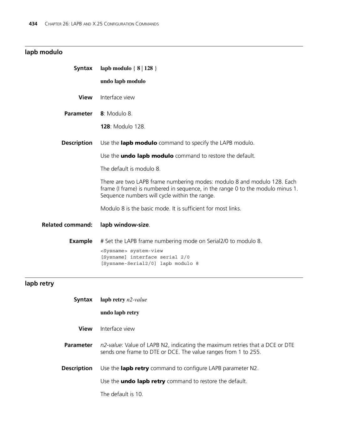 3Com MSR 30, MSR 50 manual Lapb modulo, Lapb retry, Parameter 8 Modulo, Related command lapb window-size 