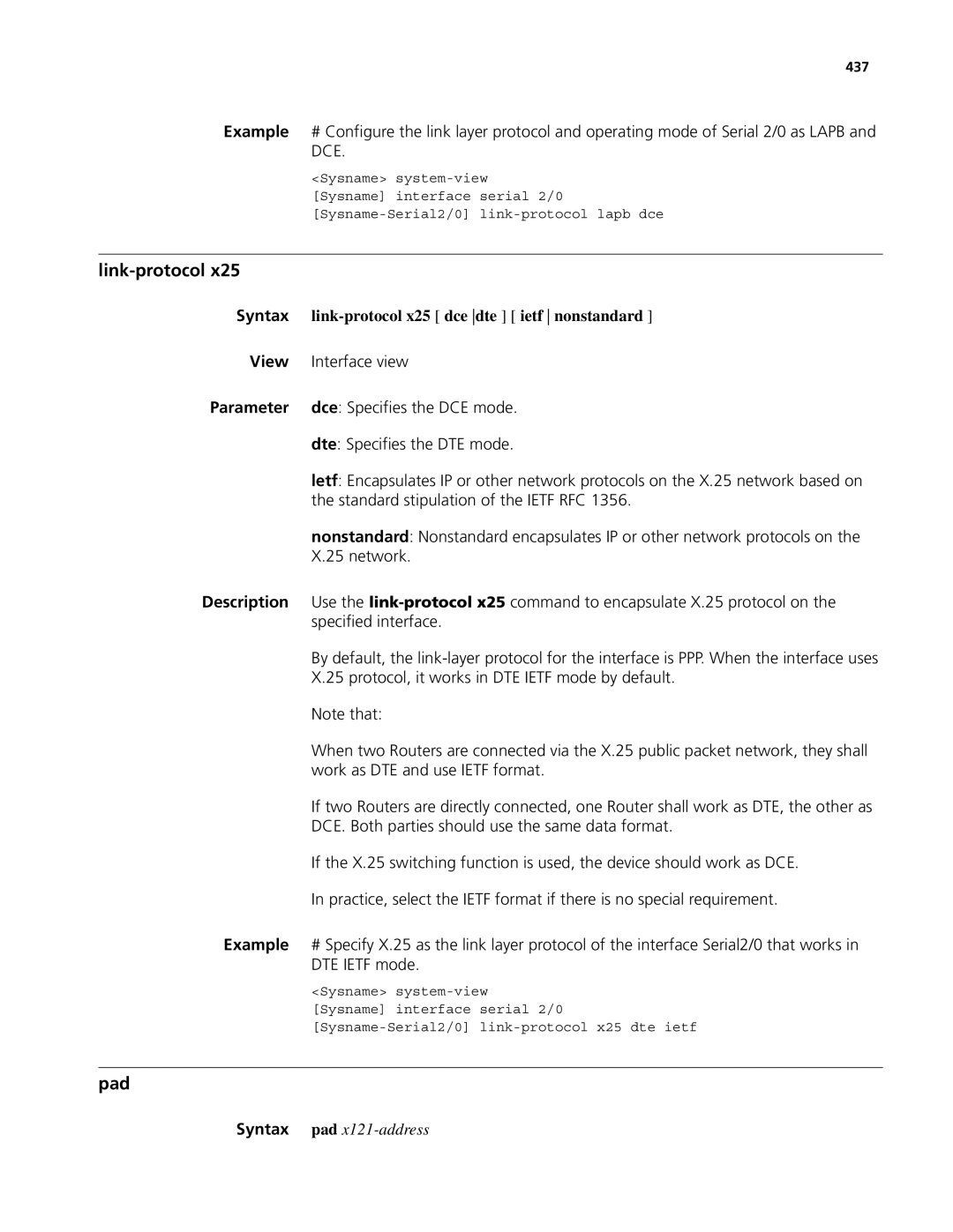 3Com MSR 50, MSR 30 manual Pad, Link-protocol x25 dce dte ietf nonstandard 